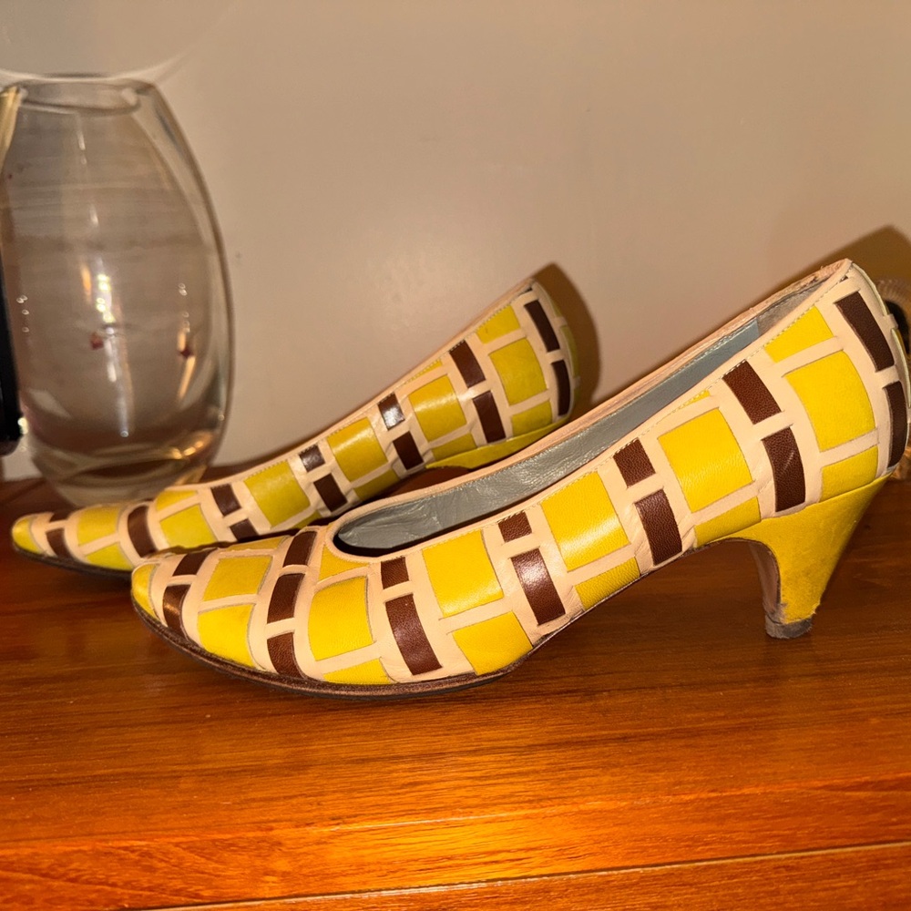 Vintage Miu Miu Yellow and Brown Women's Heels